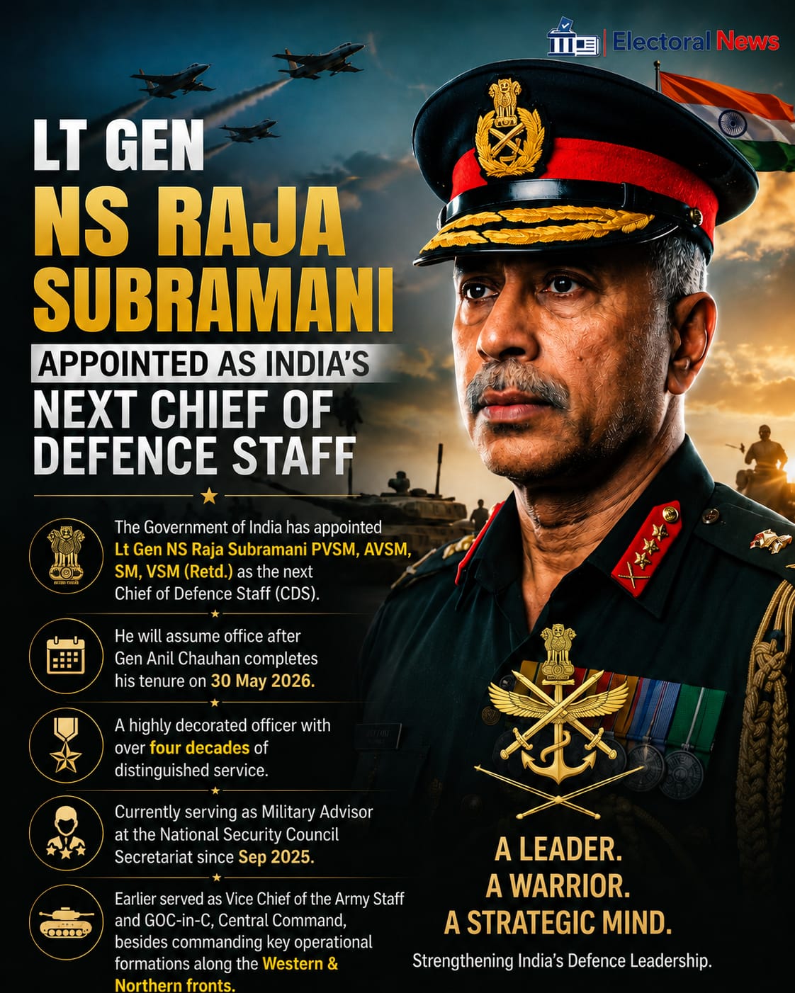 Lt Gen N.S. Raja Subramani Appointed India’s Next Chief of Defence Staff