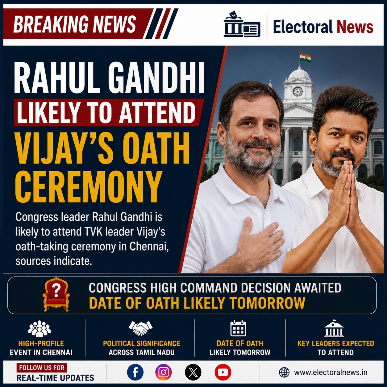 Rahul Gandhi Likely to Attend Vijay’s Oath Ceremony as TVK-Congress Equation Gains Momentum