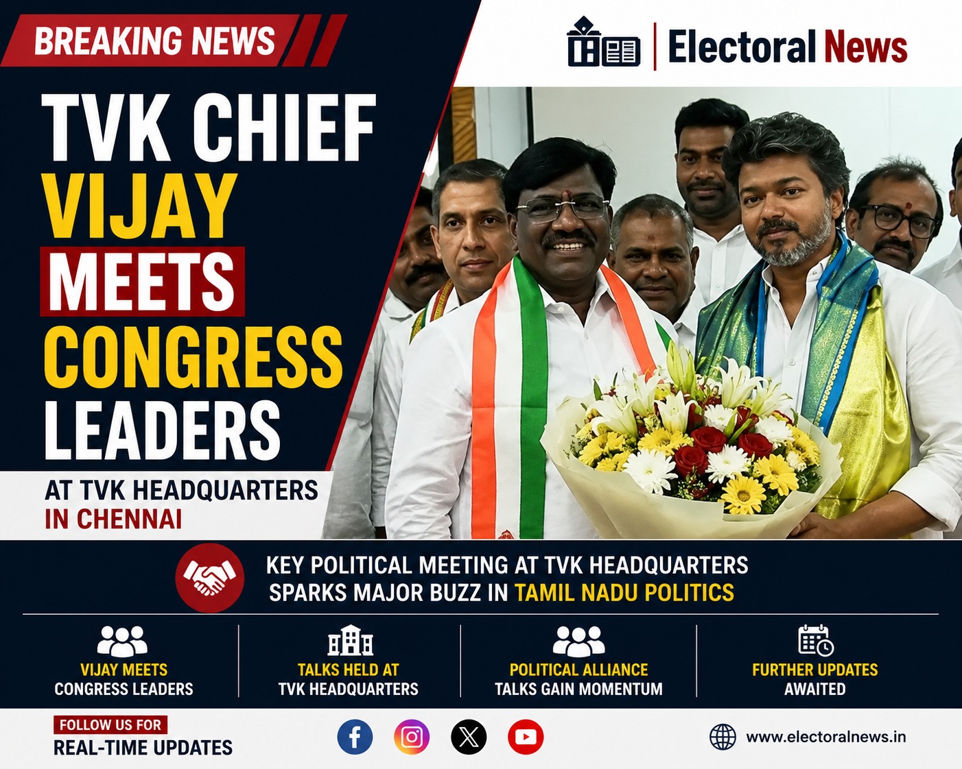 TVK Chief Vijay Meets Congress Leaders at Party Headquarters in Chennai